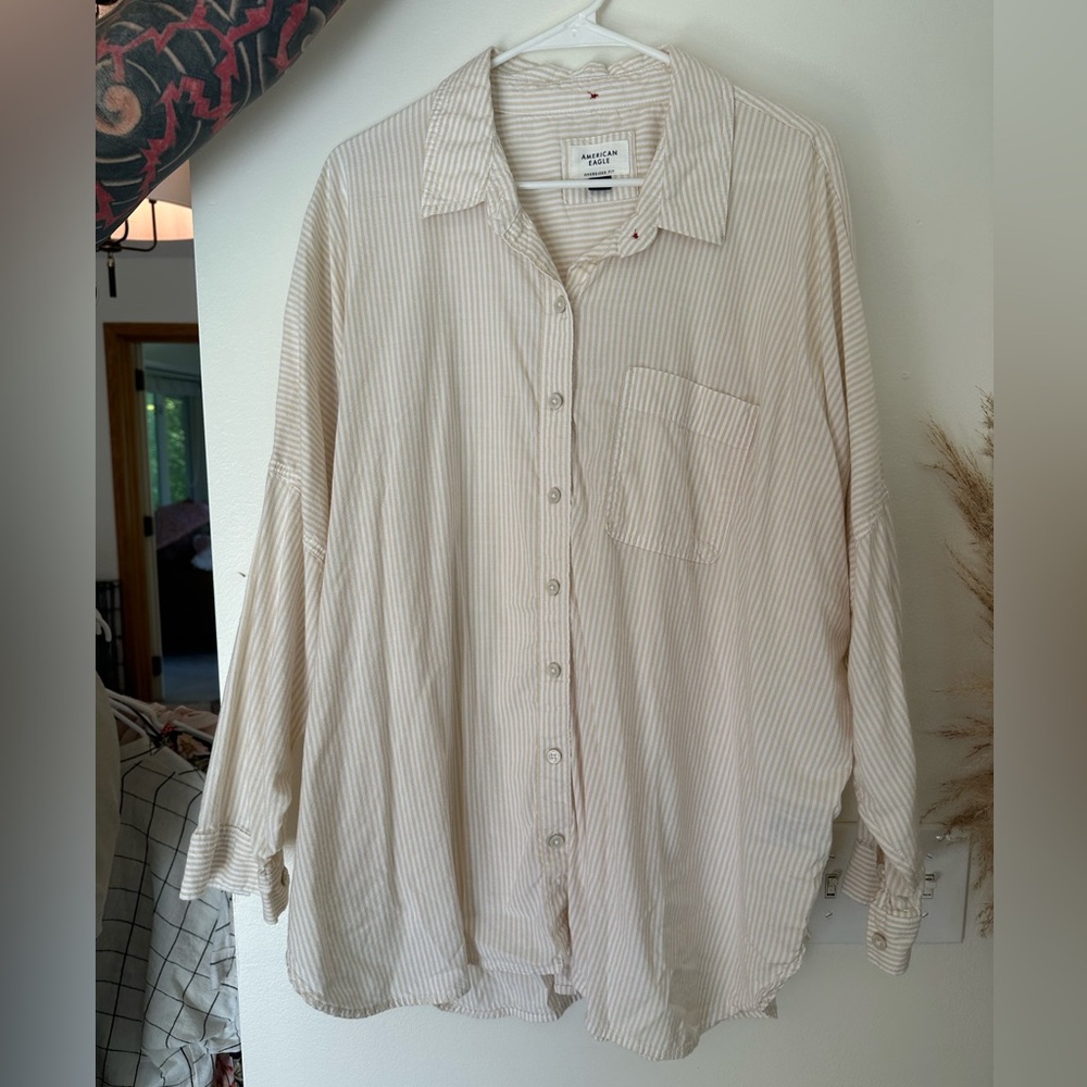 American Eagle Outfitters Beige Striped Button Down Shirt
